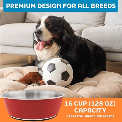 Master Pet Supply Stainless Steel Dog Bowls Set of 2 (128 Oz Each) with Non-Slip Rubber Base - Crimson Flame - Basic Dog Food Bowl Water & Food Bowls for Small Medium Large Dogs & Cats, Metal Dish