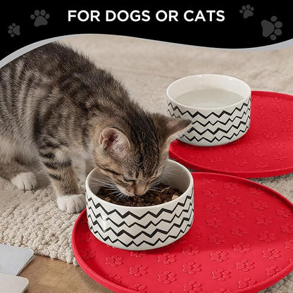 Comtim Waterproof Dog Food Mat - 2 Pack Silicone Pet Food Mat Dog Food Bowl Mats Cat Water Mats Eating Tray, Non-Slip Pet Placemat with Lip for Messy Drinkers to Protect Floor, Red 11"×11"