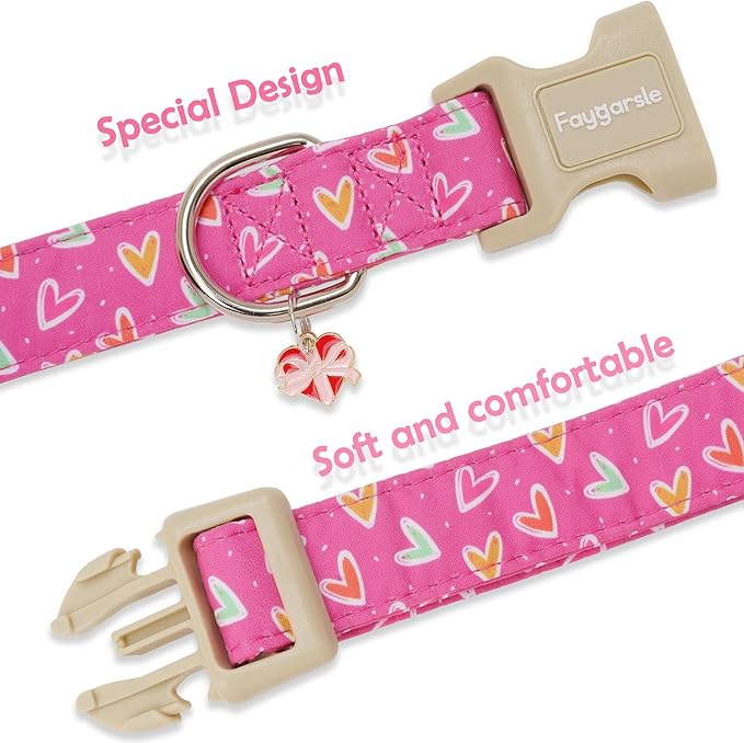Faygarsle Valentine's Day Dog Collar, Pink Heart Pattern with Metal D-Ring and Heart Charm, Adjustable Pet Collar for Small Medium Large Dogs XS