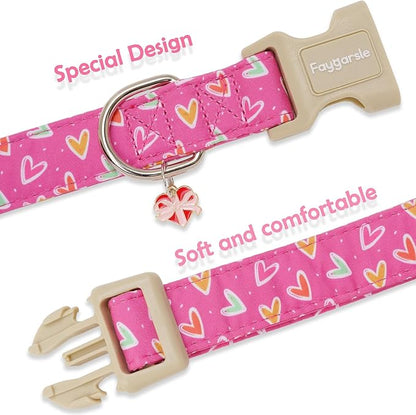 Faygarsle Valentine's Day Dog Collar, Pink Heart Pattern with Metal D-Ring and Heart Charm, Adjustable Pet Collar for Small Medium Large Dogs XS