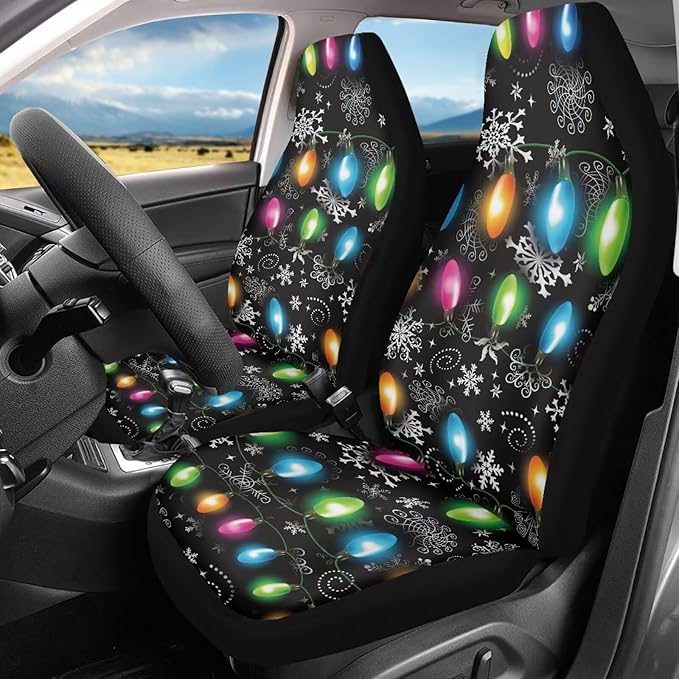 Christmas Lights Car Seat Covers Full Set of 2, Cloth Seat for Auto Front Seats, Black Bucket Seat Covers for Cars Washable and Breathable Car Accessories for Sedan Truck SUV