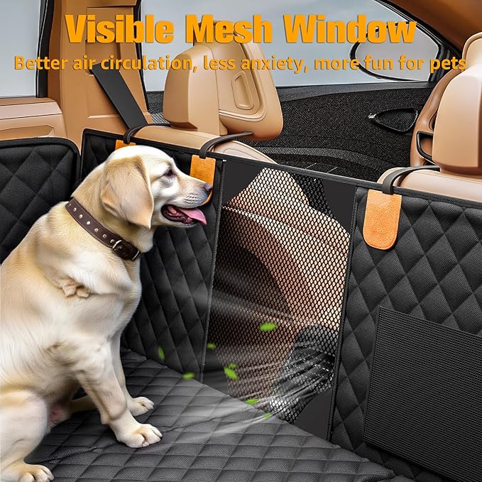 PETICON Back Seat Extender for Dogs, Hard Bottom Dog Car Seat Cover - Supports 400lbs, Rear Seat Pet Cover with Mesh Window, Waterproof Dog Hammock for Car SUV