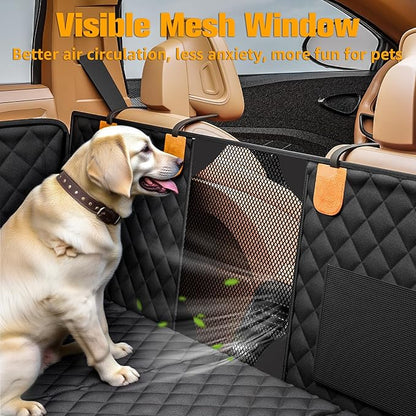 PETICON Back Seat Extender for Dogs, Hard Bottom Dog Car Seat Cover - Supports 400lbs, Rear Seat Pet Cover with Mesh Window, Waterproof Dog Hammock for Car SUV