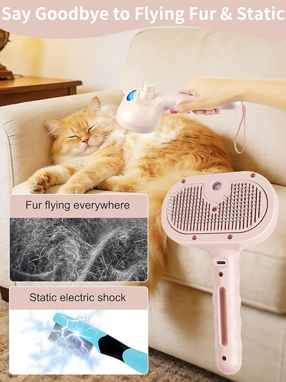 Dog Steam Brush Self Cleaning 3 in 1 Cat Steam Brush for Hair Shedding Massaging Grooming,Reducing Flying Fur & Static,Spray Comb with Storage String for Long Short Haired Furry Pets - Pink