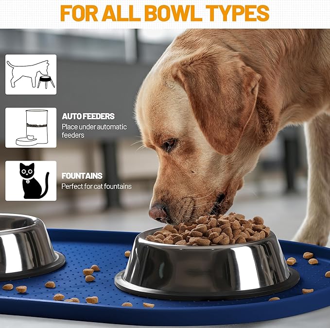 Hubulk 100% Waterproof Silicone Pet Feeding Mat with Raised Edge for Food and Water, Dog Bowl Mats, Cat Bowls Placemat with High Lip Protects Floor for Cats and Dogs (Navy Blue, 32" L x 24" W)