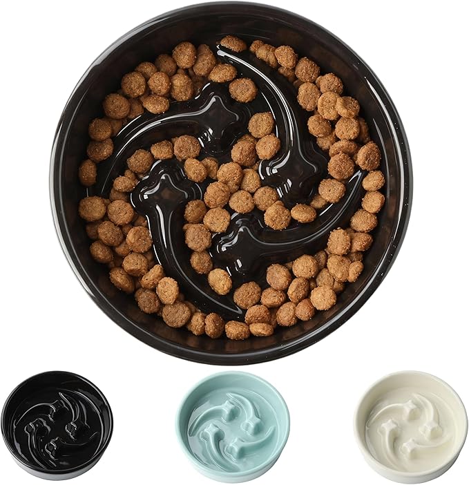 Ceramic Slow Feeder Dog Bowls Small Breed, 0.6 Cups Slow Eating Dog Bowl, Anti-Gulping Puppy Food Bowl Reduce Choking, Puzzle Maze Design Pet Dishes for Fast Eaters, 6.3 inch - Black