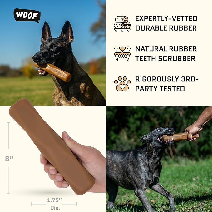 Virtually Indestructible Dog Stick Toy - Natural Series - Lifetime Replacement - Durable Chew Toy for Aggressive Chewers - Safe Non-Toxic Natural Rubber - Chew, Tug & Fetch - Med/Large, 8”x2”