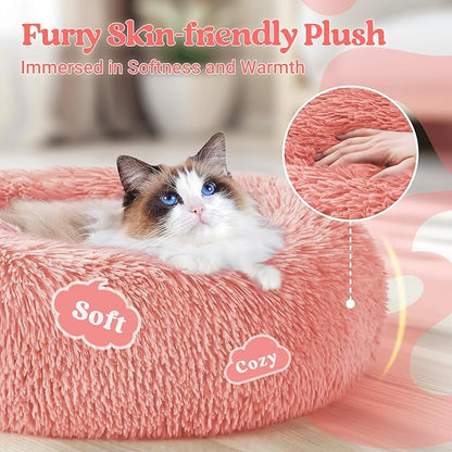 rabbitgoo Cat Beds for Indoor, 20 inches Machine Washable, Fluffy Round Pet Bed Non-Slip, Calming Soft Plush Donut Cuddler Cushion Self Warming for Small Dogs Kittens, Light Pink, Medium