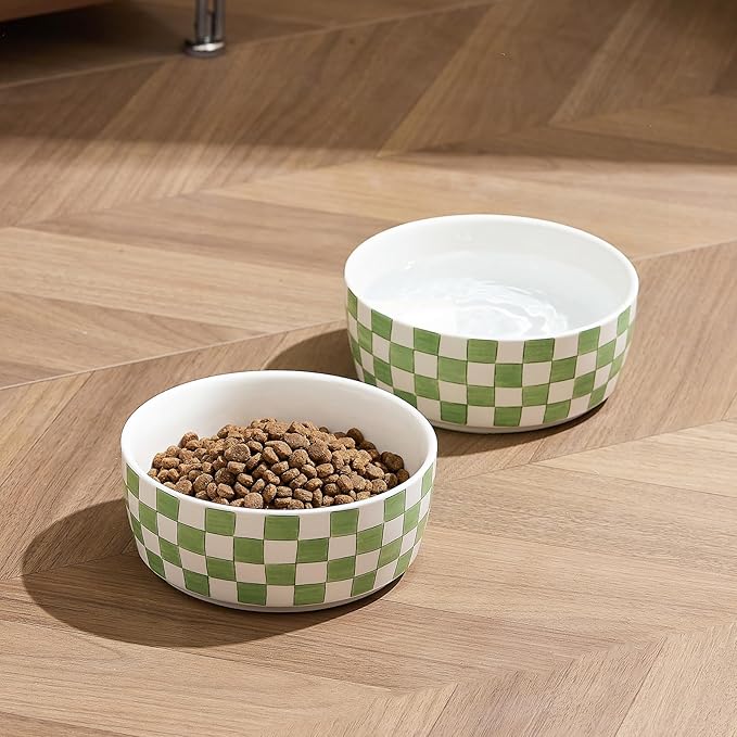 6.4 inch Ceramic Hand Painted Basic Dog Bowl Set of 2 with Anti-Skid Rubber Base, Food and Water Bowls for Small Pets Green