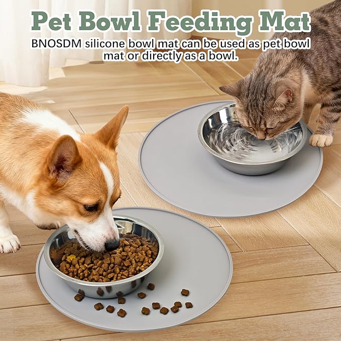 BNOSDM Silicone Cat Feeding Mat 2 Pack Dog Bowl Mats Pet Silicone Food Mat for Food and Water Nonslip Waterproof Feed Mats Round Eating Plate for Small and Medium Cats and Dogs (Light Gray)