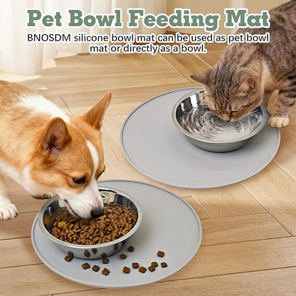 BNOSDM Silicone Cat Feeding Mat 2 Pack Dog Bowl Mats Pet Silicone Food Mat for Food and Water Nonslip Waterproof Feed Mats Round Eating Plate for Small and Medium Cats and Dogs (Light Gray)