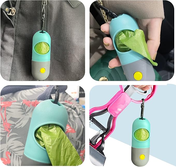 2 Pack Dog Poop Bag Dispenser with Built-in LED Flashlight, Pet Waste Bag Holder for Leash with Carabiner Clip for Lead Leash, 2 Rolls Leak-proof Doggy Waste Bags for Dog Walking, Blue,Eliamo