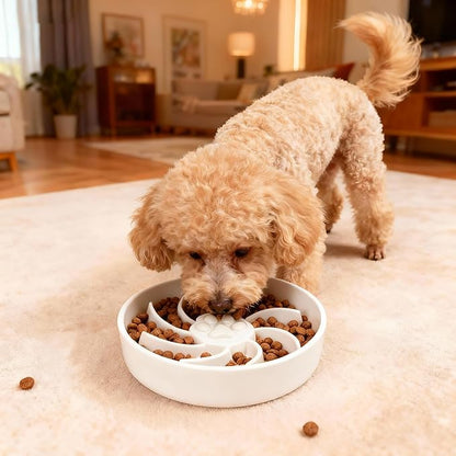 Ceramic Slow Feeder Dog Bowl, 1.5 Cup Dog Food or 20oz Water, Slow Eating Bowl for Small Breed, Maze Puzzle Feeder for Fast Eaters, Anti-Choking Stop Bloat, Non-Slip BPA Free (White)