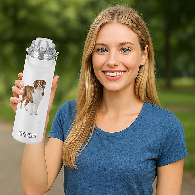 SERENGETI 24 Oz Water Bottle Stainless Steel with Spill Proof Lid - Double walled Vacuum Insulated water flask - Realistic 3D Print of your favorite dog (Australian Shepherd)