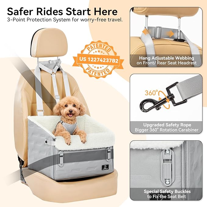 Dog Car Seat for Small Dogs – Patented Safety Buckle, Booster Seat with Safety Leash, Travel Car Seats for Dogs Up to 35 lbs – Secure, Comfortable, Easy Install, Fits Cars/SUVs/Trucks