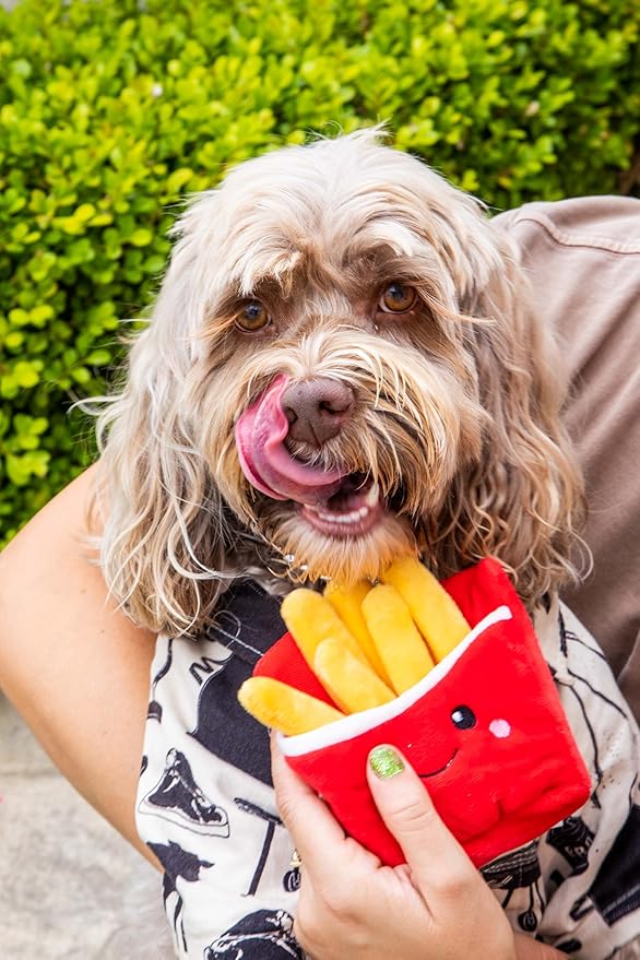 Glow Pups Dog Toy French Fries, Squeaky Plush Food Parody Toy, Easy to Clean, Promotes Mental Stimulation, Keeps Dog Entertained, 6" x 5", Red Plush Toy