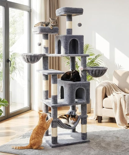 AMHANCIBLE Cat Tree, 70 Inch Cat Tower for Indoor Cats, Multi-Level Cat Tree with Scratching Post, Hammock, Hanging Basket, Large Cat Condos for Adult Cats Kittens, Grey, PT18GY