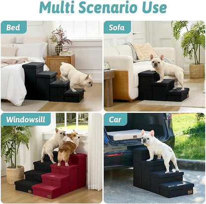 Dog Stairs with Storage, 4-Step Wider Sturdy Dog Steps for Small/Medium/Large Dogs and Older Cats, Folding Doggie Ramp for Bed/Couch/Car Hold Up to 180 lbs (22" H, Black)