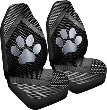 Silver Metal Dog Paw Print Car Front Seat Covers Full Set of 2, Waterproof Stretchy Automotive Interior Accessories Universal Fit Most Vehicles