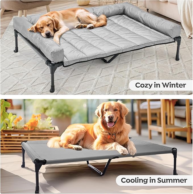 Veehoo Cooling Elevated Dog Bed Add Removable Waterproof Bolster Cushion Mat, Raised Pet Cot with Breathable Teslin Mesh, No-Slip Feet, Dog Couch Bed for Indoor Outdoor, 32x25inches, Grey, CWC2331B
