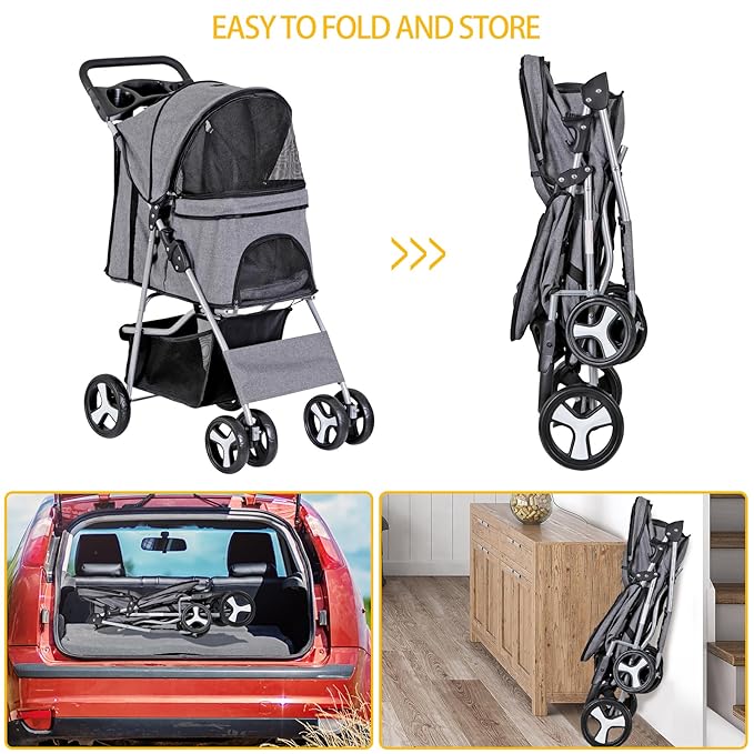 ZENY Foldable Pet Stroller, Cat/Dog Stroller with 4 Wheel, Pet Travel Carrier Strolling Cart with Storage Basket, Cup Holder (Grey)