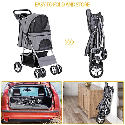 ZENY Foldable Pet Stroller, Cat/Dog Stroller with 4 Wheel, Pet Travel Carrier Strolling Cart with Storage Basket, Cup Holder (Grey)