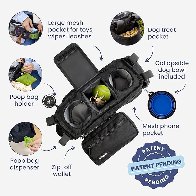 rubyloo Dog Stroller Caddy Organizer with Poop Bag Dispenser, Treat Pocket, Water Bowl – Dog Stroller Accessories with Insulated Cup Holders, Pet Storage & Non-Slip Fit for 14"-19" Wide Handlebars