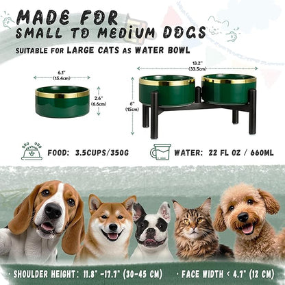 Ceramic Elevated Dog Bowl Set - Dog Feeder Station with Double Bowls for Small and Medium Size Breed - Non-Slip Raised Dish for Food and Water Feeding- 6 Inch - 3.5 Cups / 22 fl oz - Green