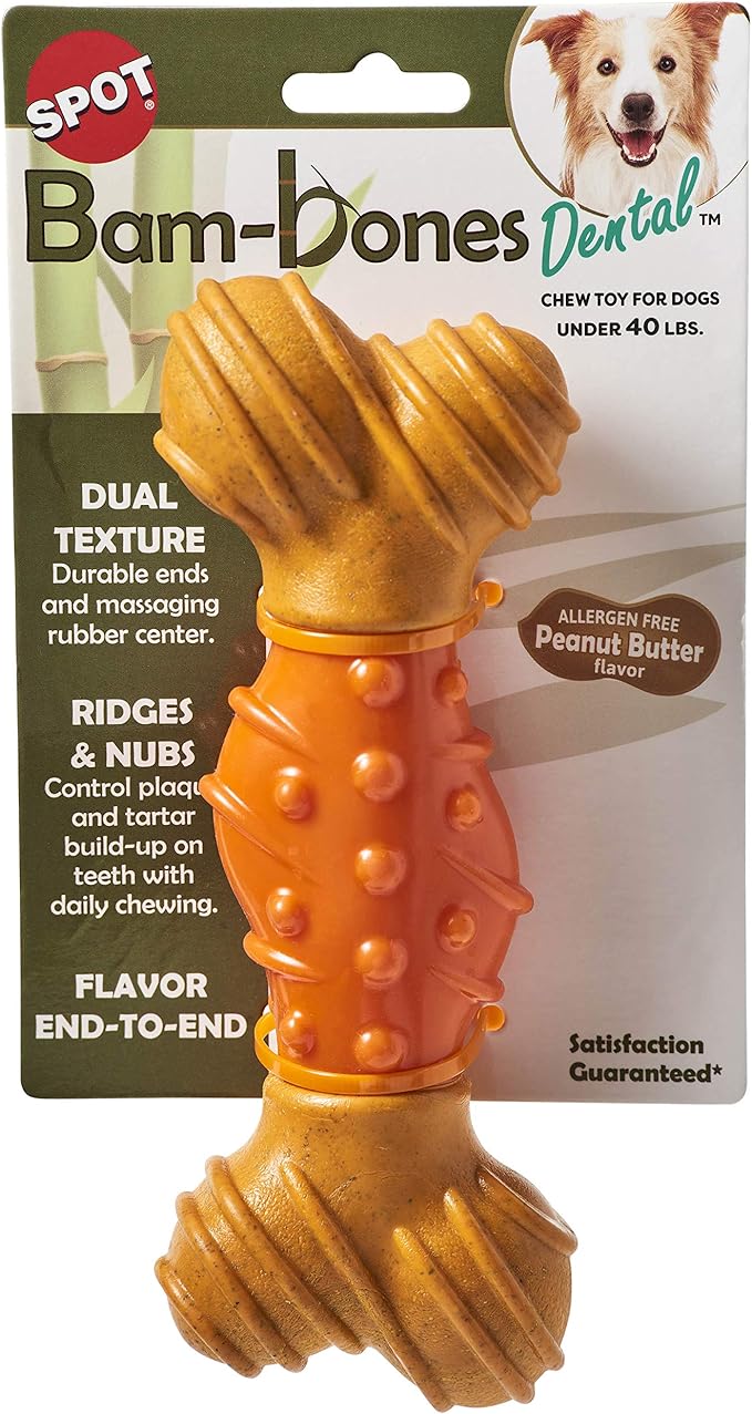 SPOT Bam-Bones Dental Bone - Made with Bamboo Fiber and a Massaging Rubber Center, Durable Oral Care Dog Chew for Light Chewers & Teething Puppies Under 40lbs, 7in, Allergen Free Peanut Butter Flavor