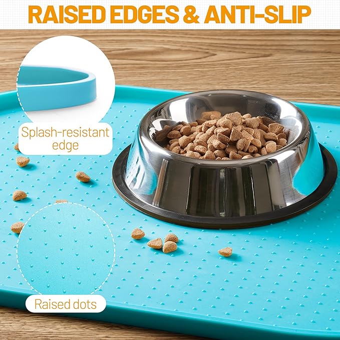 Hubulk 100% Waterproof Silicone Pet Feeding Mat with Raised Edge for Food and Water, Dog Bowl Mats, Cat Bowls Placemat with High Lip Protects Floor for Cats and Dogs (Teal, 16" L x 10" W)