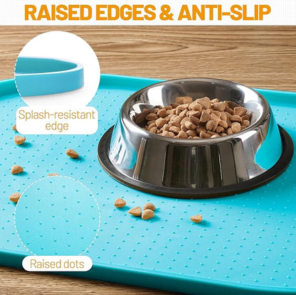 Hubulk 100% Waterproof Silicone Pet Feeding Mat with Raised Edge for Food and Water, Dog Bowl Mats, Cat Bowls Placemat with High Lip Protects Floor for Cats and Dogs (Teal, 16" L x 10" W)