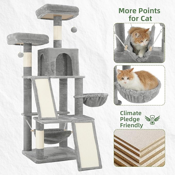 Multi-Level Cat Tree for Indoor Cats, Cat Tower with 2 Scratching Boards, 2 Plush Padding Platforms, Cat Condo House with Hammock, Basket, Light Gray GCT022W