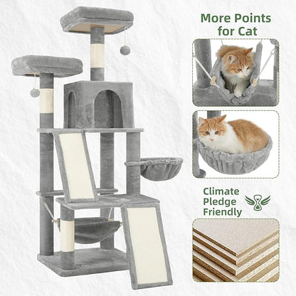 Multi-Level Cat Tree for Indoor Cats, Cat Tower with 2 Scratching Boards, 2 Plush Padding Platforms, Cat Condo House with Hammock, Basket, Light Gray GCT022W