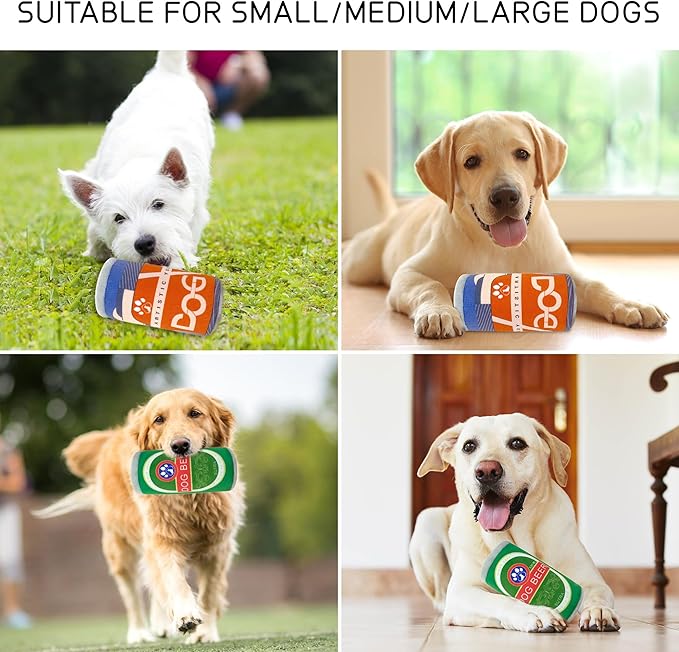 Squeaky Plush Dog Toys 2 Pack - Funny Beer Puppy Toys with Squeaker for Small Medium Large Dogs, Soft Stuffed Chew Toys for Birthday Gifts(Green&Grey)