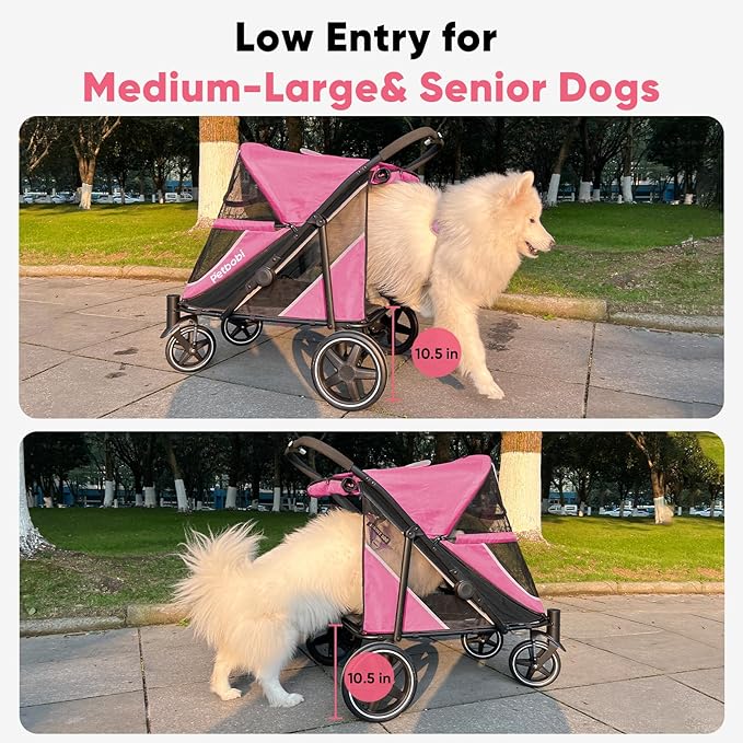Petbobi Dog Stroller for Large & Medium Dogs - Easy Fold Dual Entry Pet Stroller with One-Foot Brake, All Terrain Wagon Cart with Air Mesh, Ideal for Large Senior Pets up to 80 lbs, Pink