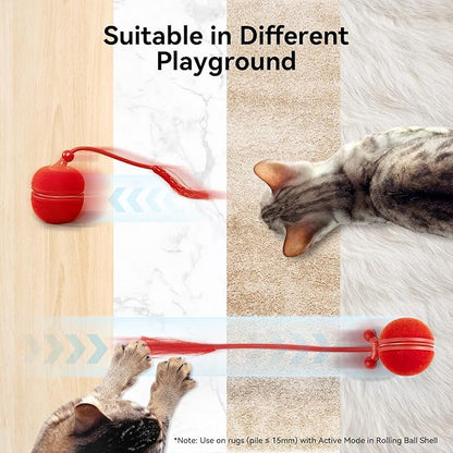Cheerble 2 in 1 Interactive Cat Toys for Indoor Cats - Wicked Ball Duo2 Automatic Cat Toy, Dual Interchangeable Shells, Electric Moving Cat Ball with Tail & Chirping Sounds, Red