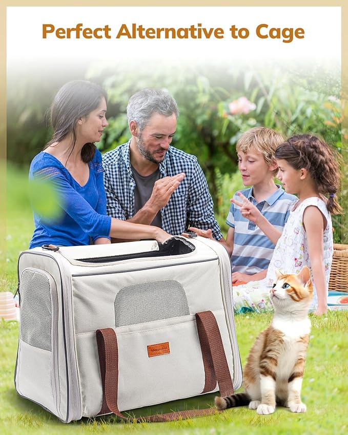 Morpilot Pet Travel Carrier Bag, Soft-Sided Dog Carrier Cat Carrier Pet Carrier, for Large Cats and Medium Puppies up to 25lbs, with Locking Safety Zippers, Foldable Bowl (Beige)