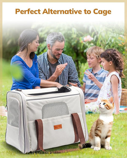 Morpilot Pet Travel Carrier Bag, Soft-Sided Dog Carrier Cat Carrier Pet Carrier, for Large Cats and Medium Puppies up to 25lbs, with Locking Safety Zippers, Foldable Bowl (Beige)
