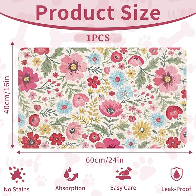 Pet Dog Cat Food Mat, Absorbent Quick Dry Dog Bowl Mats for Food and Water, Non Slip Boho Floral Dogs Cat Placemats Feeding Mat for Floors Indoor Puppy Pet Accessories Supplies 16 * 24 inch