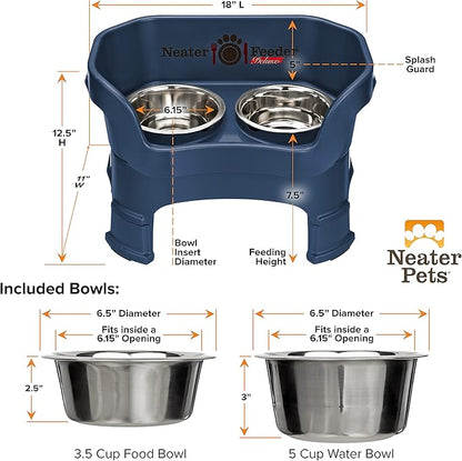Neater Feeder Deluxe Mess-Proof Elevated Dog Bowls for Medium Dogs (19–40 lbs), 2 Height Adjustable (10” & 12.5”) No-Spill Raised Dog Bowl Stand, Stainless Steel Food Bowl Set, Made in USA, Dark Blue