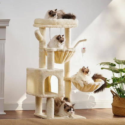 Heybly Cat Tree, 39.4 Inches Tower Condo with Scratching Post, Cat Tower for Indoor Cats, Fully Wrapped Sisal Pole, Soft Platform, 2 Baskets and Dangling Toy, Beige HCT006SM