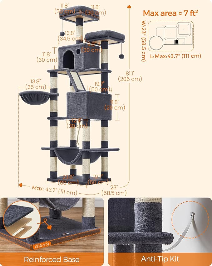 Feandrea Cat Tree, 81.1-Inch Large Cat Tower, Multi-Level Plush Condo with 13 Scratching Posts, 2 Perches, 2 Caves, Basket, Hammock, Pompoms, Smoky Gray UPCT190G01