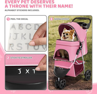 Magshion 3-Wheel Pet Stroller, Foldable Travel Jogger for Small & Medium Dogs & Cats (Up to 33lbs), Lightweight Carrier with Breathable Mesh Cover, Cup Holder & Storage Basket, Pink