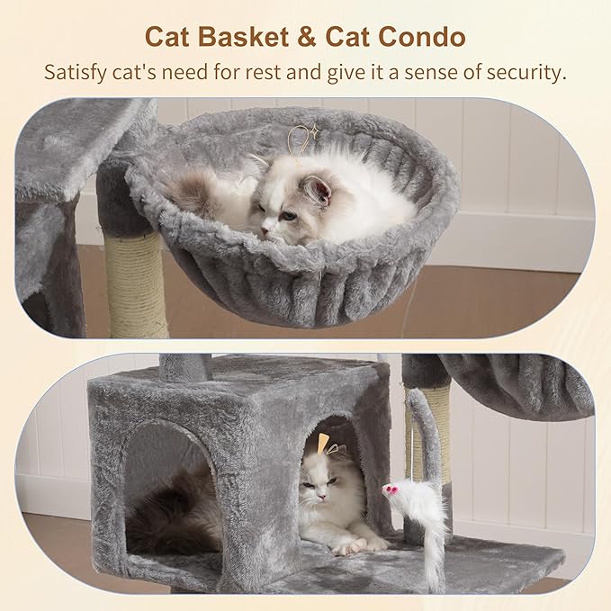 Heybly Cat Tree with Toy, Cat Tower Condo for Indoor Cats, Cat House with Padded Plush Perch, Cozy Hammock and Sisal Scratching Posts, Light Gray HCT004SW