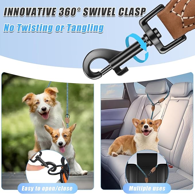 Mile High Life Dual Dog Leash - Double, 360 Swivel, Hands Free, Leather Tailored Connection, 8FT Green