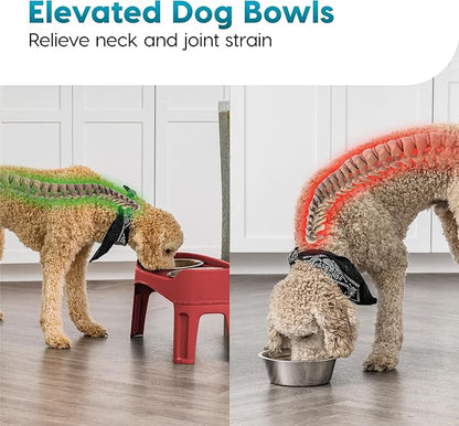 IRIS USA Adjustable Elevated Dog Bowls, Raised Feeder with 2 Stainless Steel 64 oz Bowls, Spill-Guard Rim, 12.25" or 4.63" Heights, Durable Plastic, Made in USA, Red