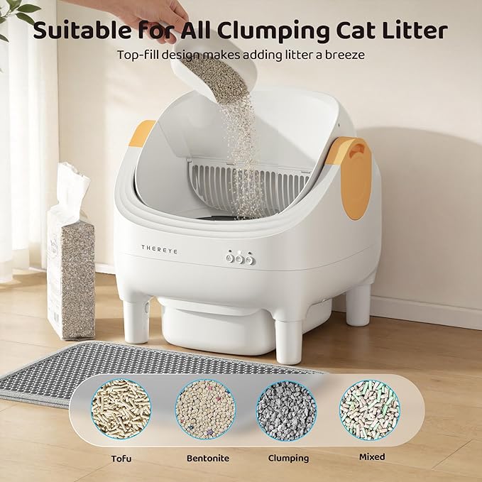 Thereye Self Cleaning Cat Litter Box, Open-Top Automatic Litter Box with APP Control, Safety Sensor and 10L Large Waste Bin, Smart Kitty Litter Boxes with Trash Bags and Mat for Multiple Cats