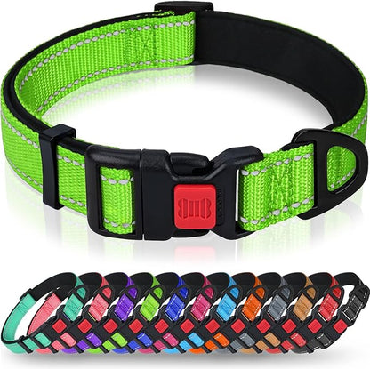 Taglory Reflective Dog Collar with Safety Locking Buckle, Soft Neoprene Padded Dog Collar for Medium Dogs, Metal D-Ring, Adjustable Nylon Neck Strap for Daily Walking, Training & Running, Green, M