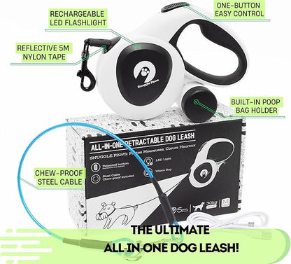 Snuggle Paws Retractable Dog Leash 16ft – Heavy Duty All-in-One Dog Leash with LED Flashlight, Poop Bag Holder, Chew Proof Steel Cable & Reflective Tape – Size M