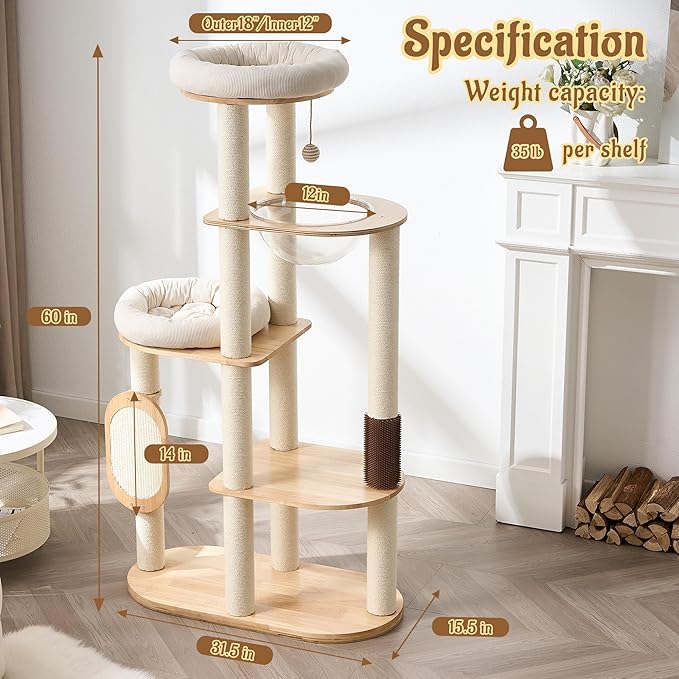 Modern Solid Wood Cat Tree for Indoor Cats Up to 15lbs, 60" Tall & Wide Cat Tower with Scratching Posts, Scratcher & Self-Grooming, Large Cat Beds, Capsule Nest, Multi-Level Cat Furniture